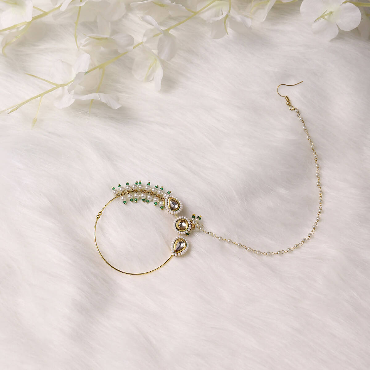Gold-Plated White Kundan Studded Pearl Beaded Nose Pin - Ruby Raang - Grab2buy