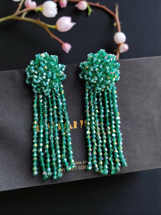 Inhanns Handmade Crystal Waterfall Earrings - Long - Sea Green Big