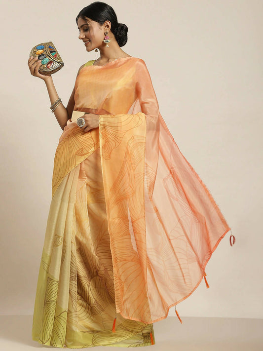 Multicolor Organza Printed Saree With Blouse Piece - Nivaa