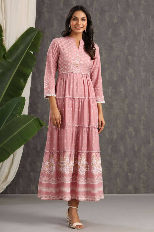 Juniper Womens Onion Pink Rayon Foil Printed Tiered Dress