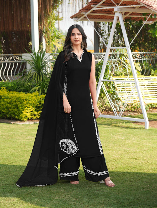 Nikhaar Black Embroidered Modal Silk Stitched Straight Cut Kurta Culottes Dupatta Readymade Suit
