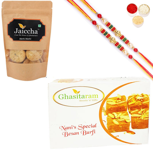Ghasitaram Besan Barfi and Methi Mathi With 2 Pearl Beads Rakhis - Grab2buy