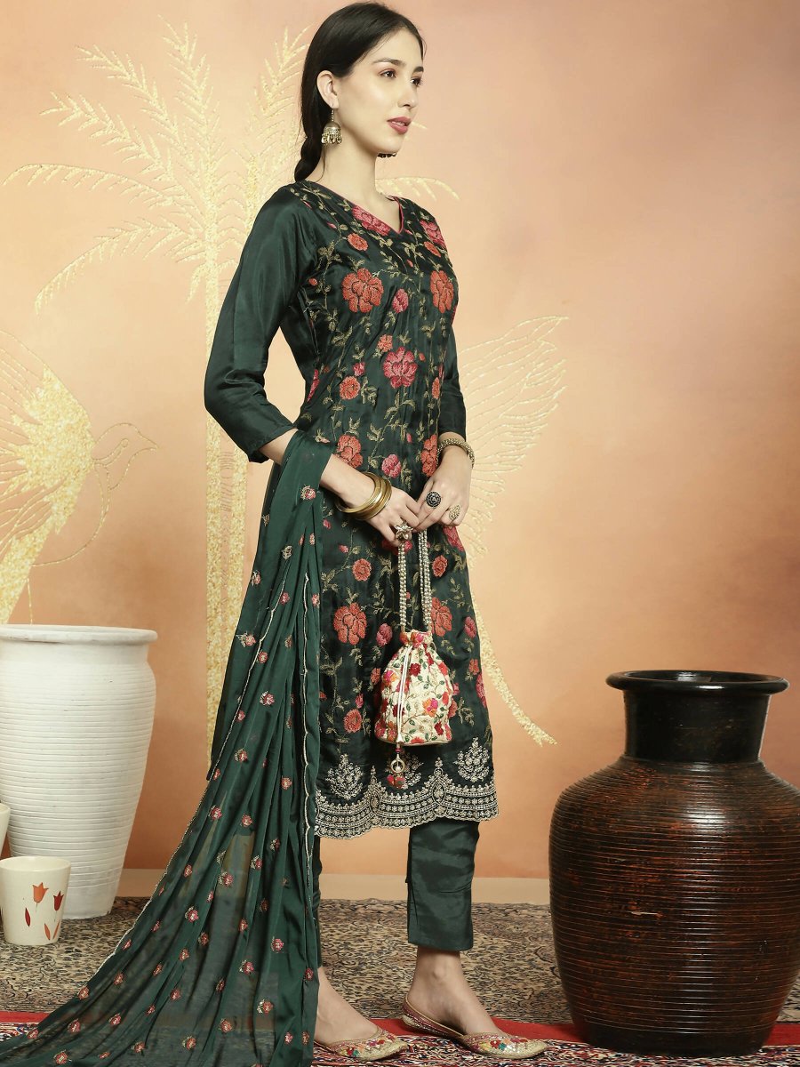 Aastha Fashion Women's Green Upada Silk Floral Resham Thread Kurta with Trouser & Dupatta - Grab2buy