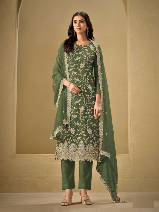 Anaita Mehndi Embroidered Silk Stitched Salwar Suit