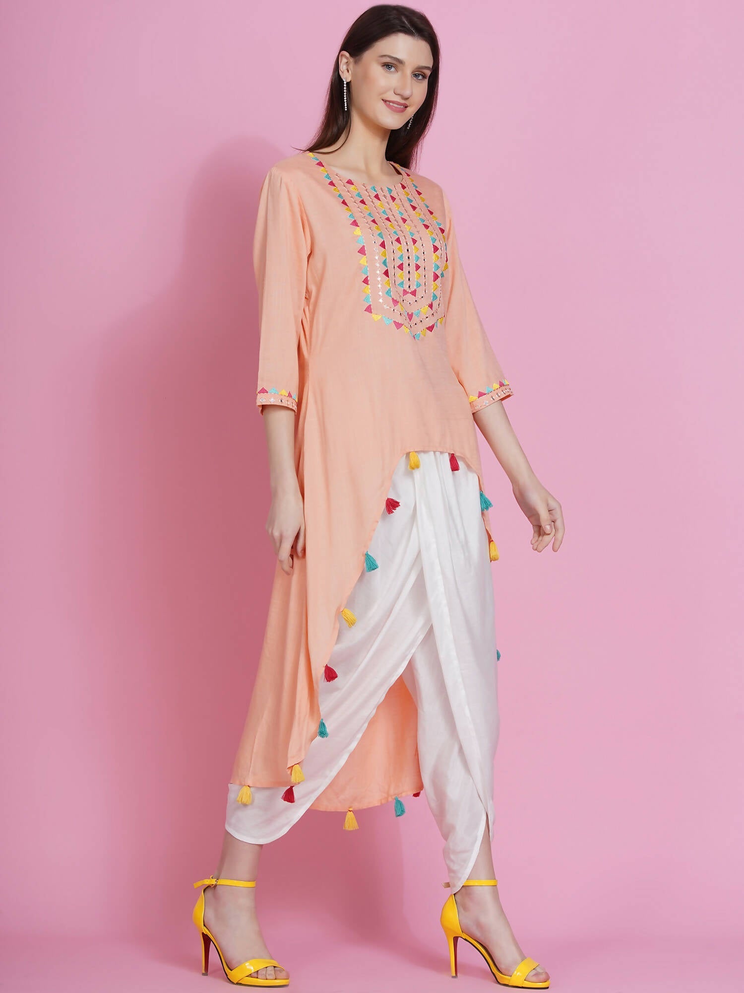 Women Republic Peach Rayon Embroidered Kurta With Mirror Work And Tulip Pants - Grab2buy