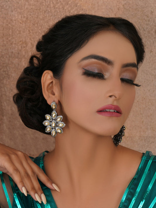 Dual Tone Kundan Flower Studs (silver) - Ruby Raang - Grab2buy