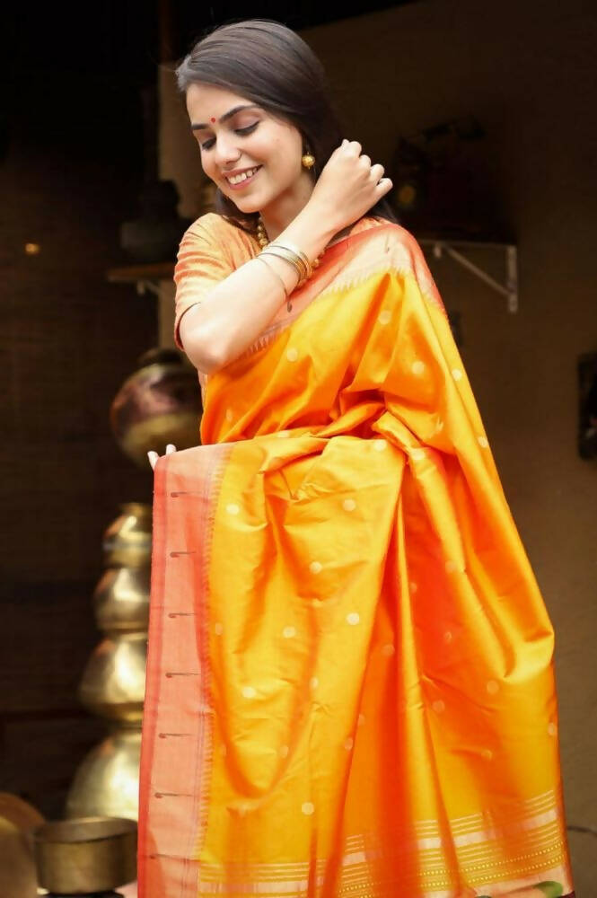 Very Much Indian Authentic Handloom, Beautiful Orange Yellow, Pure Silk Muniya Border Paithani With Radha Krishna Pallu(High Quality Silk) - Grab2buy