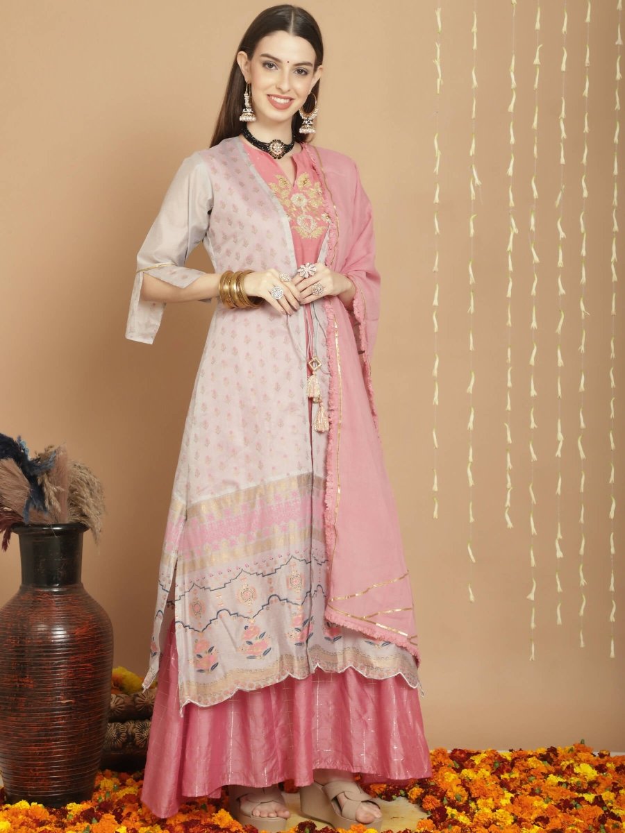 Aastha Fashion Women's Grey Chanderi Silk Elegant Jardoshi Semi Kurta with Trouser & Dupatta - Grab2buy