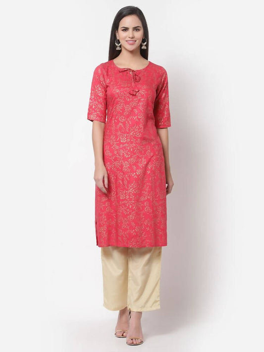 Myshka Women's Pink Rayon Printed Regular Sleeves Round Neck Casual Kurta