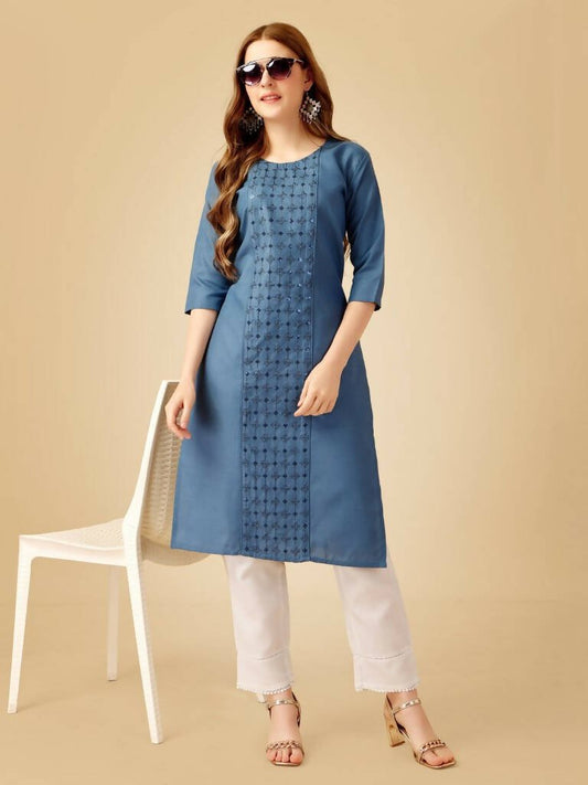 Aastha Fashion Women's Denim Blue Cotton Blend Embroidered Kurta Pant Set - Grab2buy