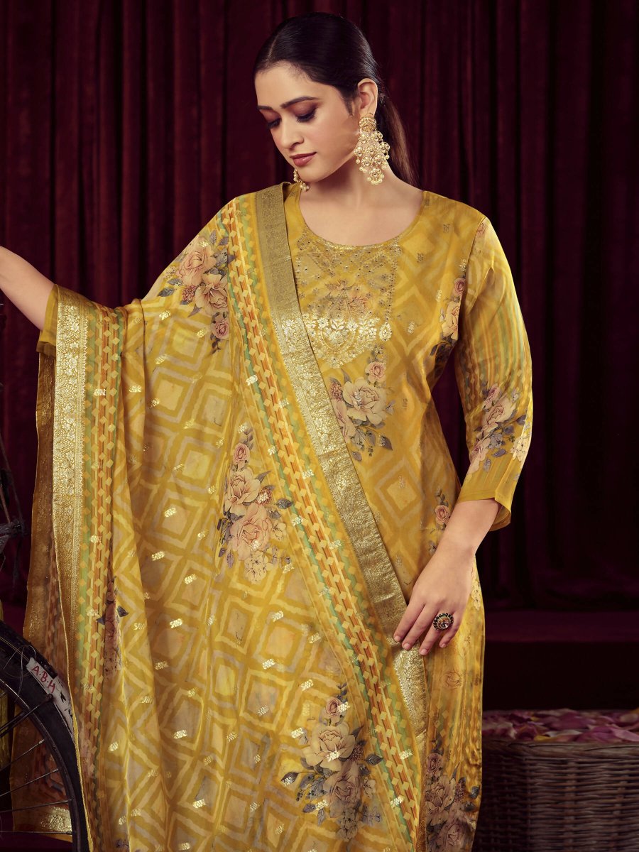 Aastha Fashion Women's Mustard Organza Jacquard Woven Kurta with Trouser & Dupatta - Grab2buy