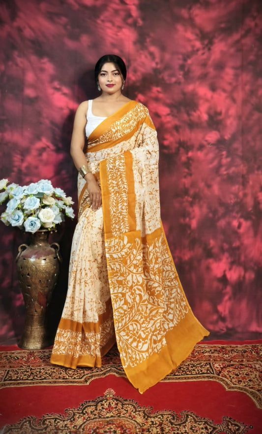 Exclusive Collection Beautiful Batique Print Yellow Pure Cotton Hand Print Handloomsaree With Running Blouse Piece