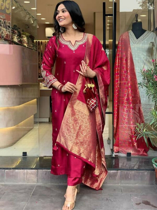 The52 Maroon Beautiful Embroidered Viscose Chanderi Fabric Straight Kurta Pant with Dupatta Set | Grab2Buy