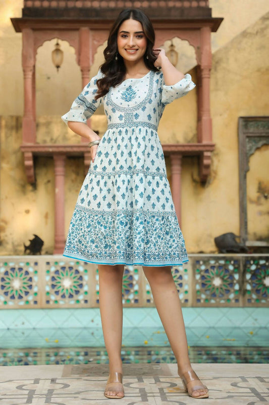 Juniper Women's Blue Cambric Printed Tiered Dress