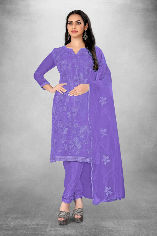 Lavender Heavy Organza Silk Embroidered Unstitched Dress Material - Amara