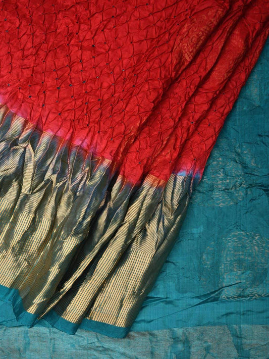 Red and Teal Bandhani Kanchipuram Silk Handloom Grab2Buy with Big Buta Design - Global Threads