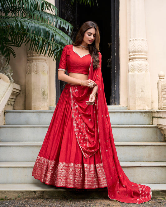 Evanik Women Pure Chanderi Plain With Zari Weaving Work Border Stitched Lehenga With Unstitched Blouse Dupatta(Up to 42)