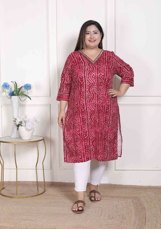 Miravan Women's Plus Size Bandhej Printed Rayon Kurta Magenta | Grab2Buy
