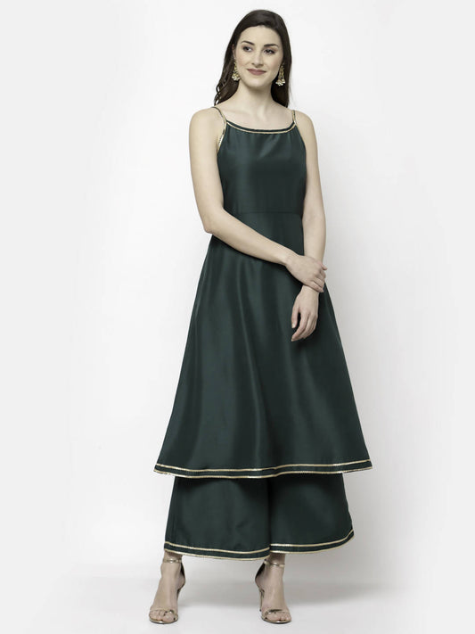 Myshka Dark Green Silk Blend Solid Sleeveless Round Neck Kurta Palazzo Dupatta Set