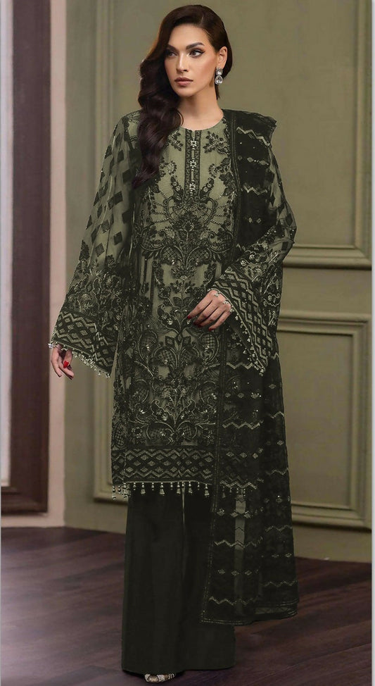 Anaita Olive Heavy Organza With Embroidery And Khatli Work Salwar Suit