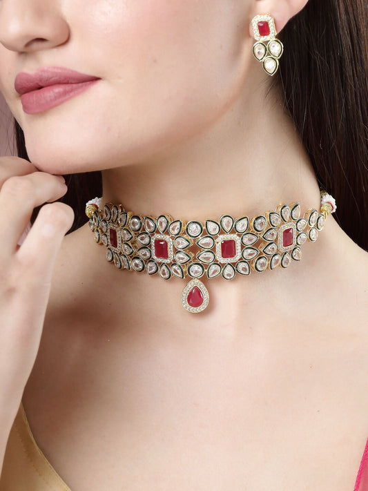 NVR Women's Red & Gold Kundan Studded Handcrafted Choker Jewellery Set - Grab2buy