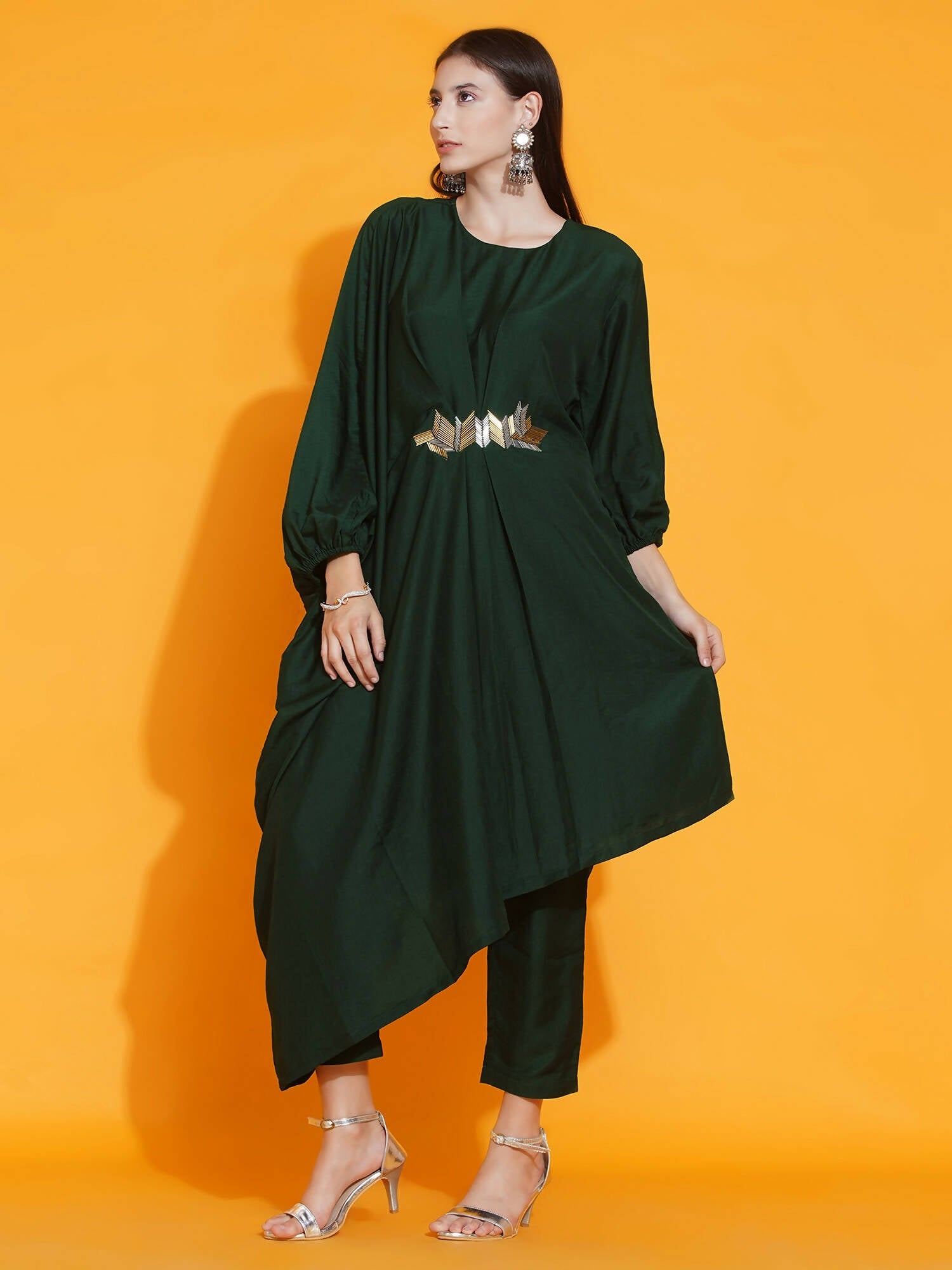 Women Republic Green Fusion Style Kurta With Hand Embellishment And Pants - Grab2buy