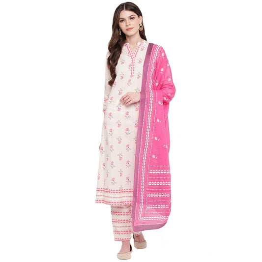 NOZ2TOZ Women White cotton kurta With palazzo & Dupatta (3 Pc Set)
