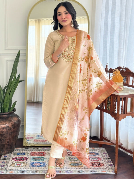 The52 Chiku Women's Beautiful Rayon Fabric Embroidered Work Straight Kurta Pant and Dupatta Set | Grab2Buy