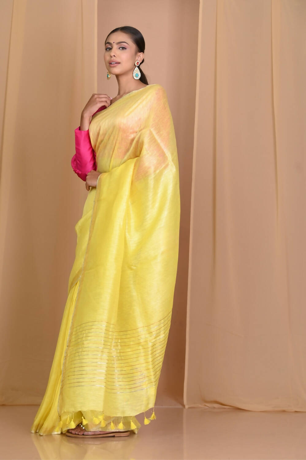 Very Much Indian Pure Linen Silk Saree With Sleek Border - Yellow - Grab2buy