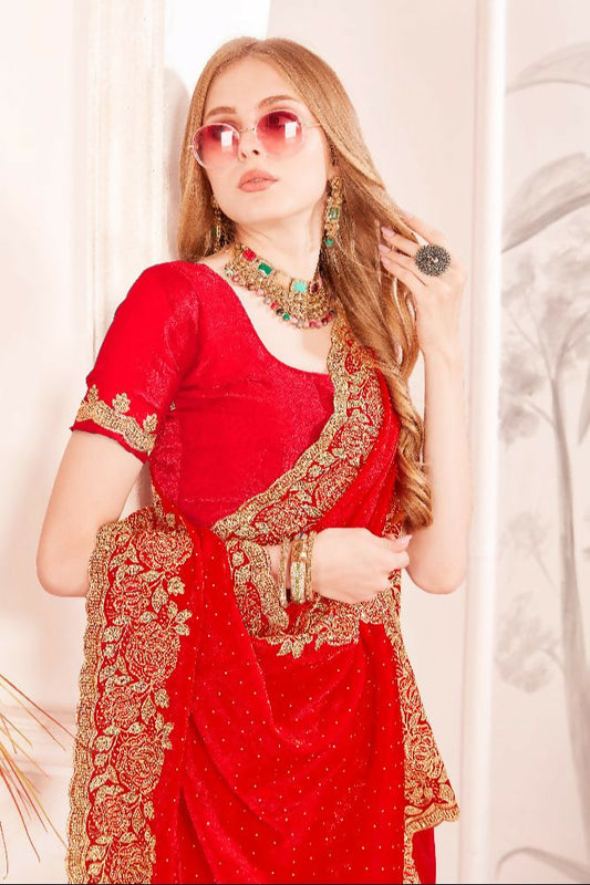 PR Fashion Red Fendi Two Tone Silk Heavy Zari & Resham Embroidery Work With Heavy Zircon Work Saree