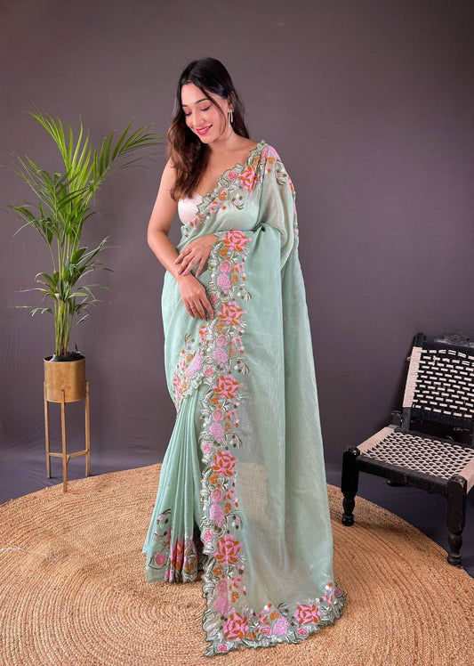 Teeya Creation Pista Color Soft Glossy Silk Heavy Embroidery Work Saree