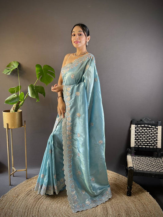 Teeya Creation Sky Color Gold Crush Embroidery Work Saree