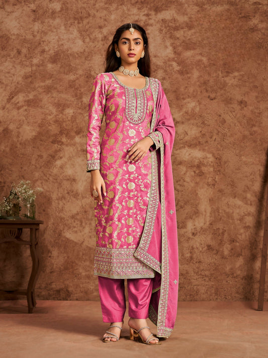 Anaita Pink Premium Dolla Jacquard Embroidered Stitched Salwar Suit
