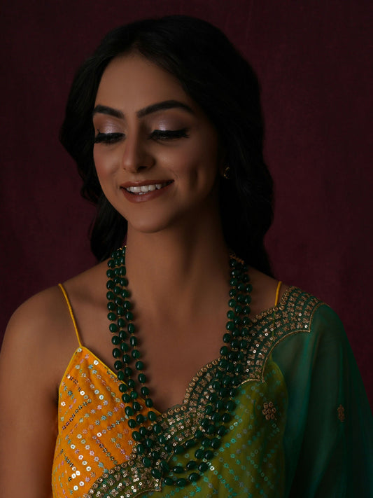 Long Layered Green Neckpiece wtih Kundan Studs Jewellery Set (Green) - Ruby Raang - Grab2buy