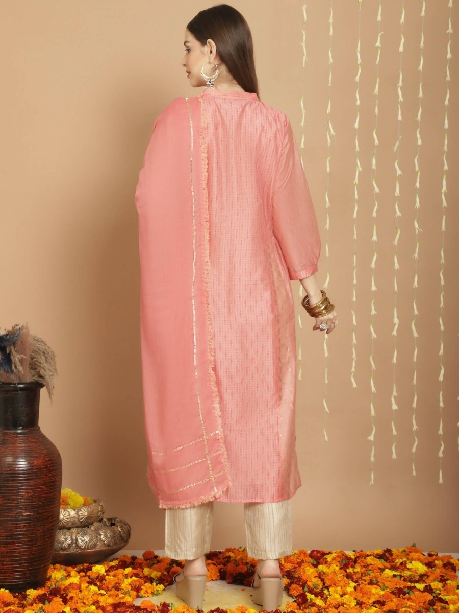 Aastha Fashion Women's Peach Chanderi Silk Elegant Jardoshi Semi Kurta with Trouser & Dupatta - Grab2buy