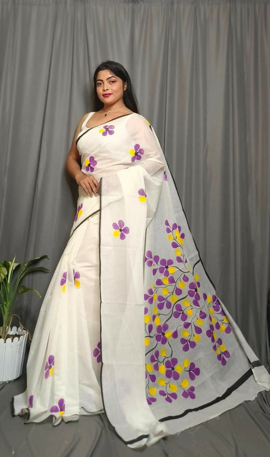 Exclusive Collection Beautiful White Purple Pure Cotton Hand Print Handloom Grab2Buy With Running Blouse Piece
