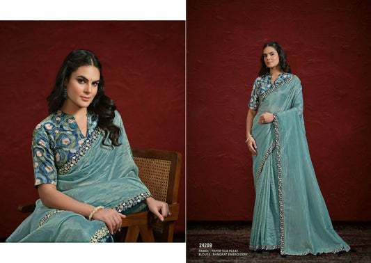 Sea Green Paper Silk Pleat Moti with Handwork Saree with Stitched Blouse - Mohmanthan Aaina
