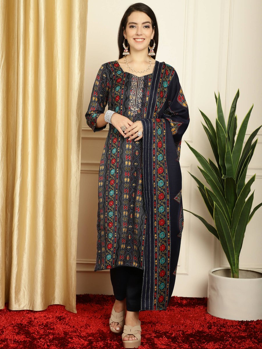 Aastha Fashion Women's Navy Blue Pashmina Floral Digital Printed Kurta with Trouser & Dupatta - Grab2buy