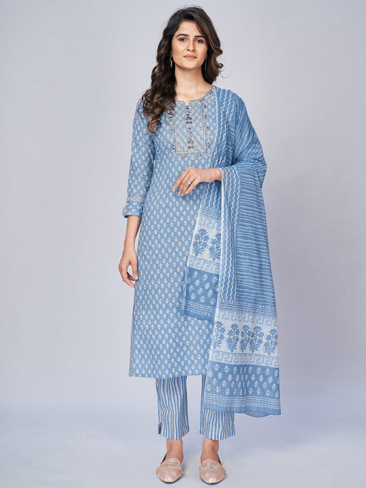 NOZ2TOZ Women's Printed & Embroidered Straight Cotton Sky Blue Kurta Pant With Dupatta (3Pcs Set)
