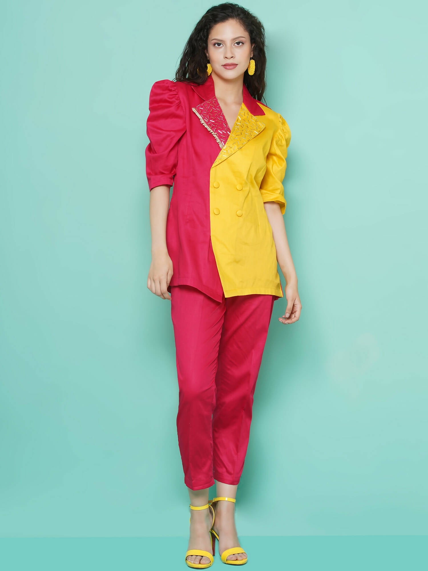 Women Republic Pink And Yellow Cotton Silk hand Embellished Coord set with Pouch - Grab2buy