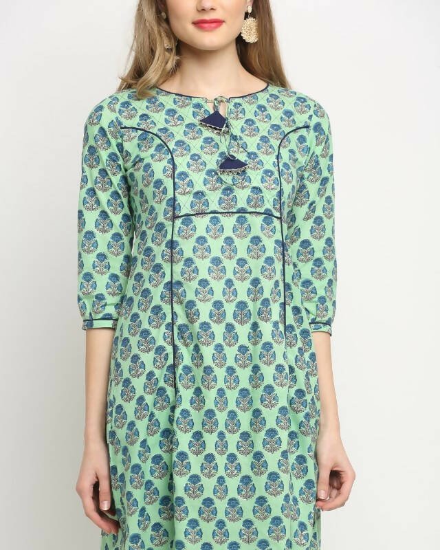 Aastha Fashion Women's Pista Green Cotton Jaipuri Printed Kurta with Trouser & Dupatta - Grab2buy