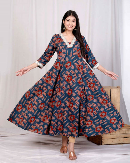 Miravan Women's Pure Cotton Blue Animal Printed Zari Lace Work Yoke Anarkali Kurta
