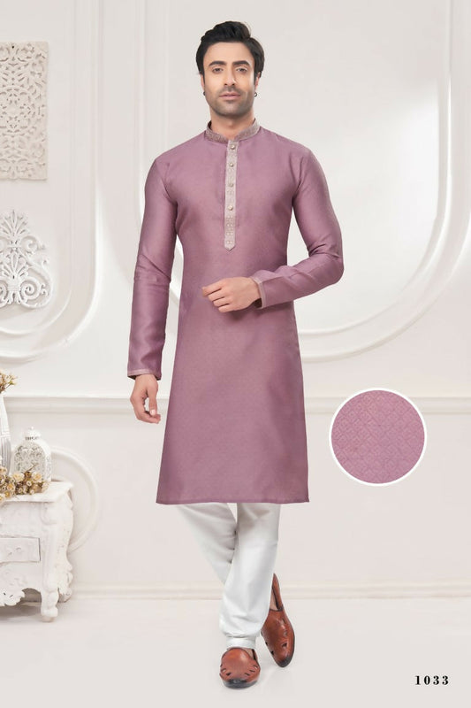 Functional Designer Men's Light Purple Jacquard Kurta With Pant - Rudra