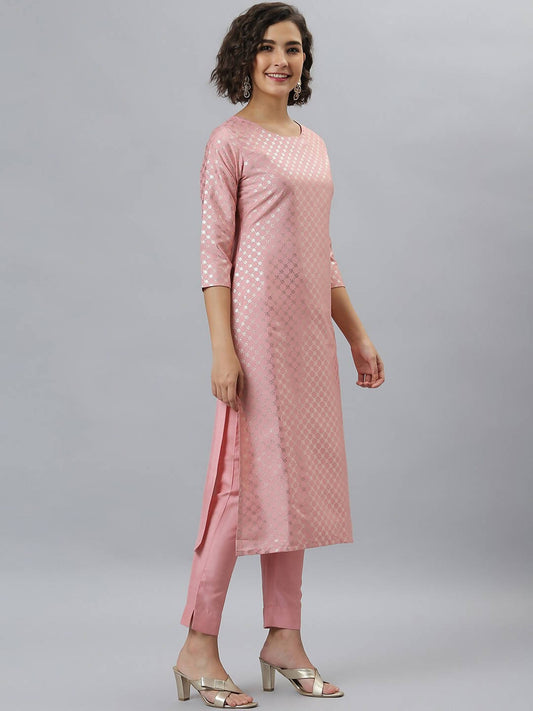 Janasya Women Mauve Woven Design Kurta with Trousers