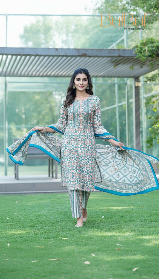 BulBul Fashionista Green-Blue Cotton Kurta Set with Dupatta