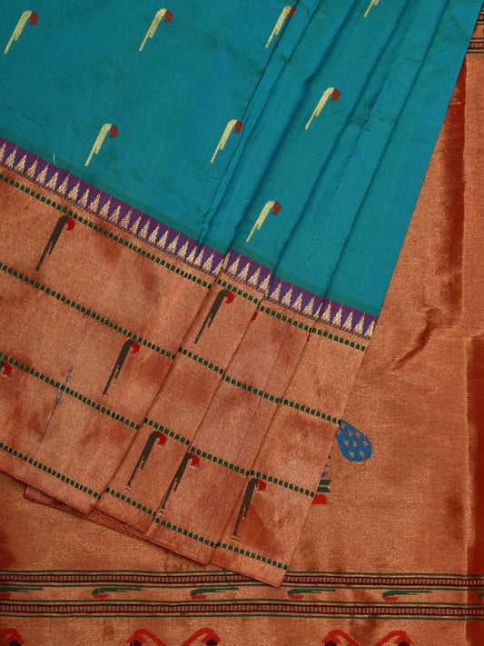 Sea Blue Paithani Silk Handloom Grab2Buy with Triple Muniya Border Design - Global Threads