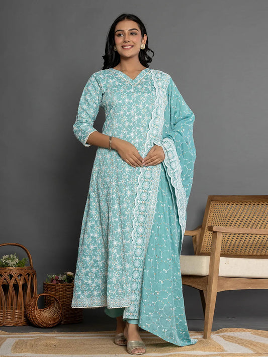 Yufta Sea Green Cotton Silk Embroidered Anarkali Kurta Dupatta Set