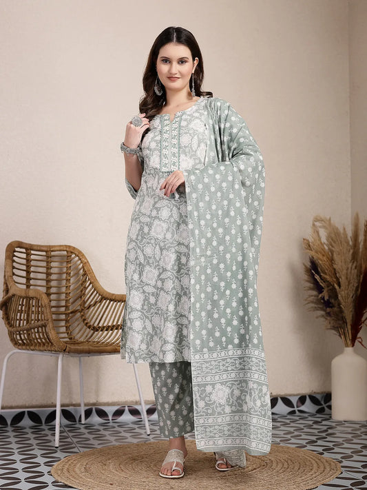 Yufta Sea Green Ethnic Motifs Print Straight Kurta Trouser Dupatta Set