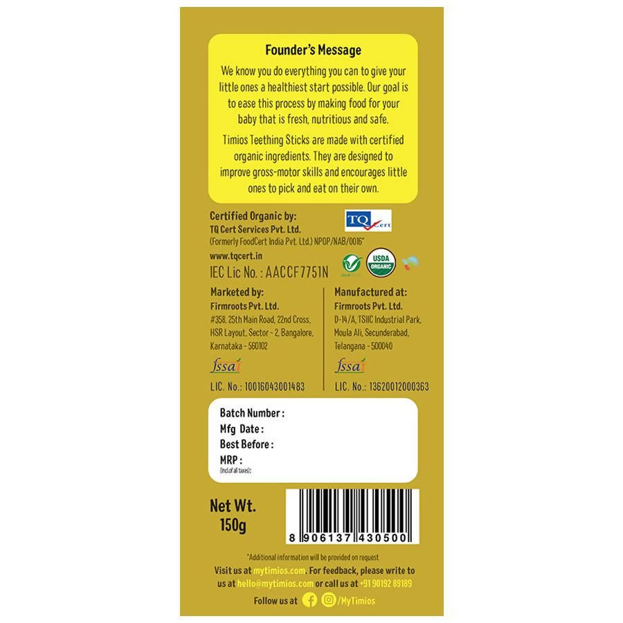 Timios Multigrain Cumin Teething Sticks For Toddlers 150 gm