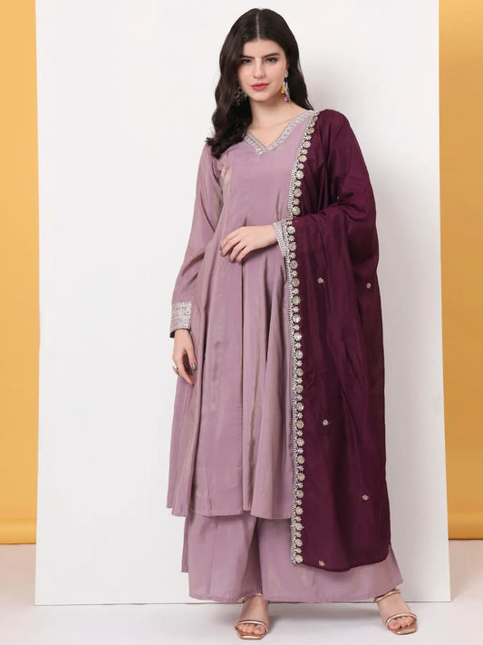 Yufta Silk Purple Anarkali Kurta Dupatta Palazzo Set